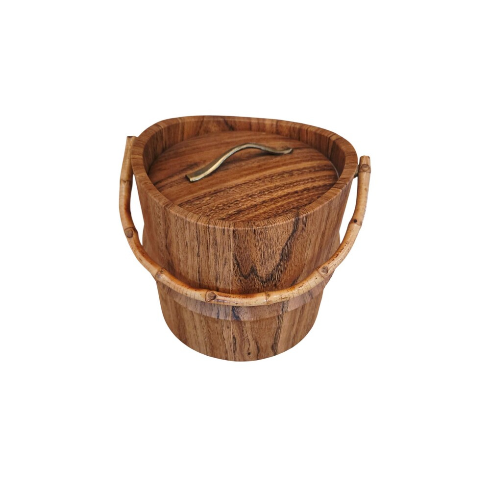 Vintage MCM Kraftware Faux Wood Ice Bucket with Bamboo Handle Made in USA